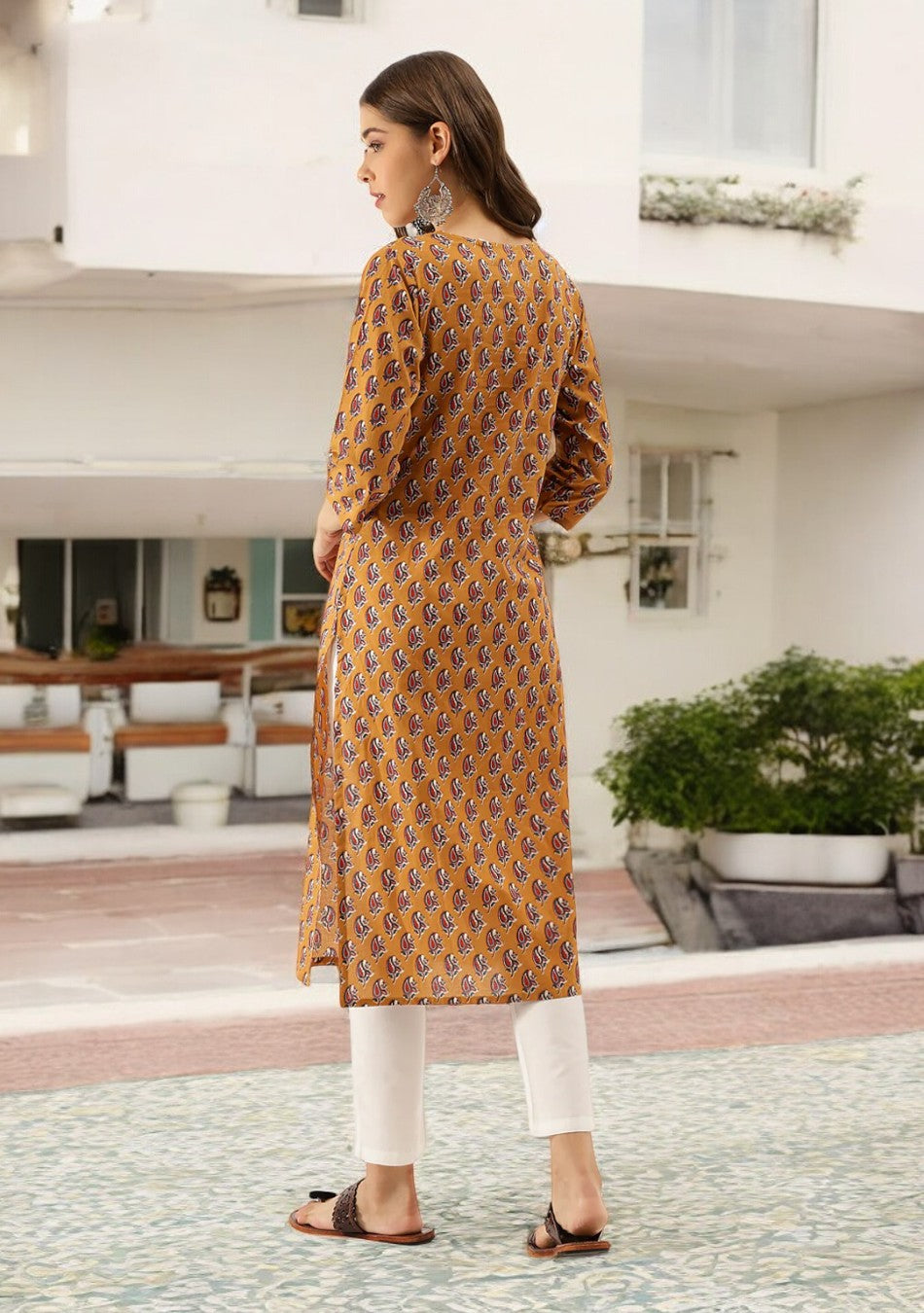 Brown Floral Printed Cotton Zari Work Kurta