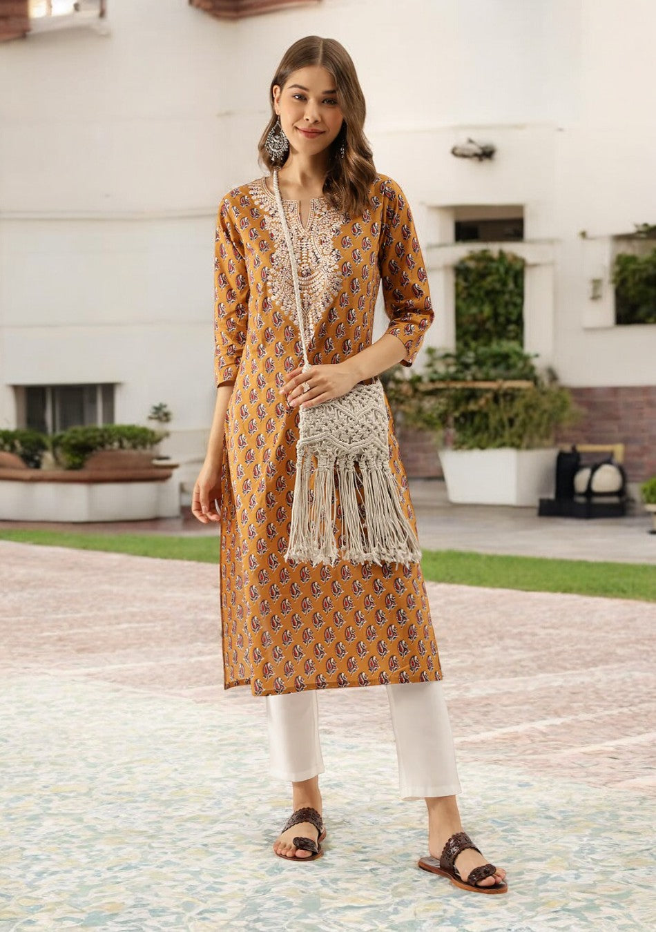 Brown Floral Printed Cotton Zari Work Kurta