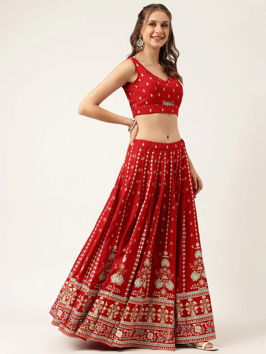 Odette Women Beautiful Red Semi Stitched Lehenga With Unstitched Blous