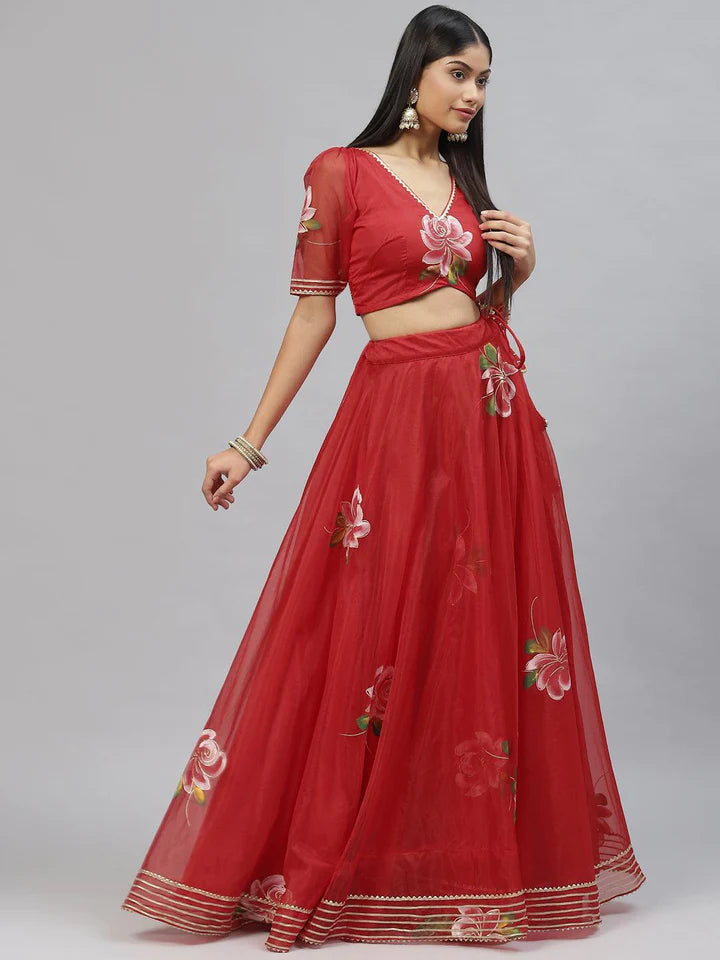 Bright Red Blouse - Flared Lehenga Dupatta - Reception Wear