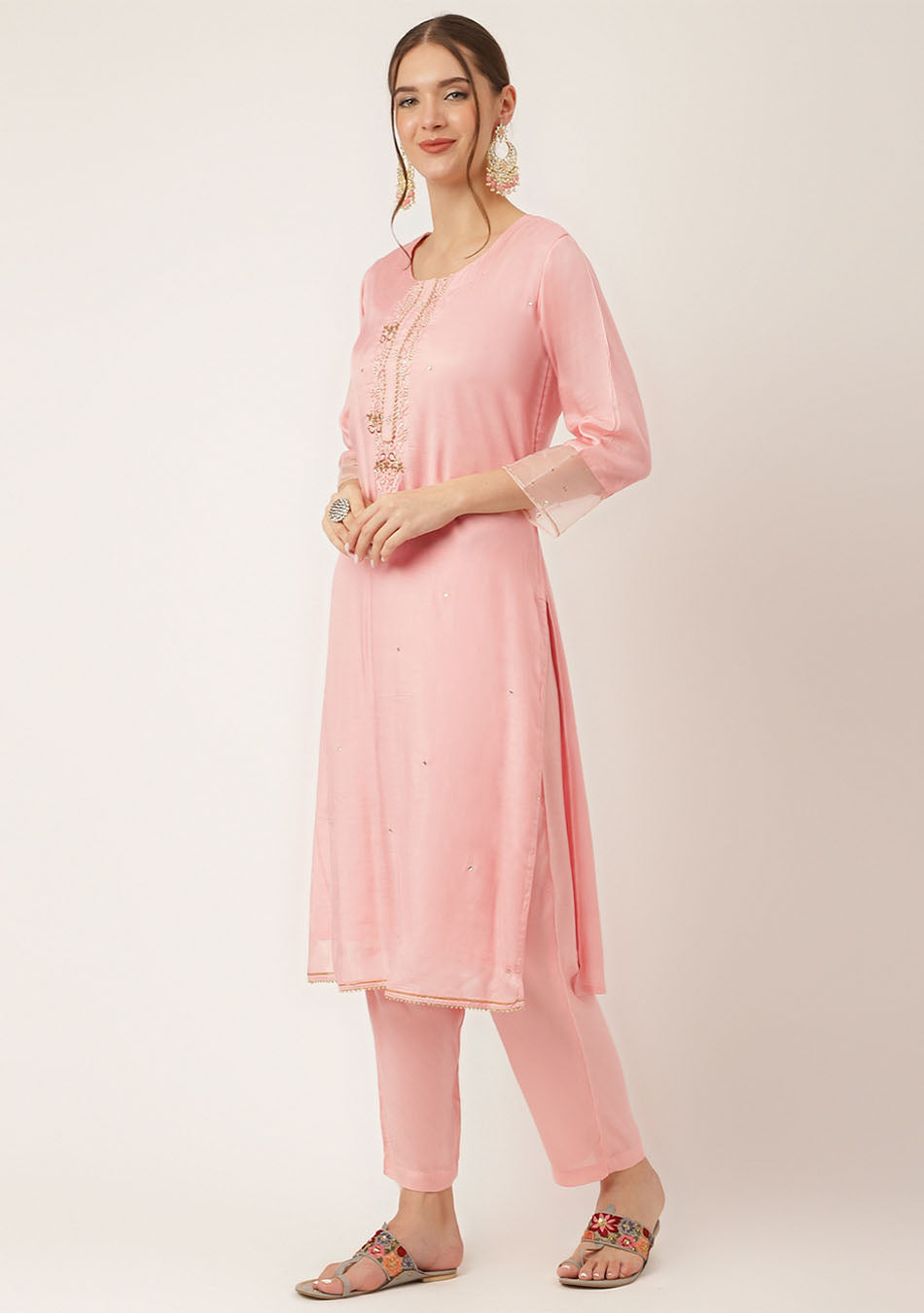 Baby Pink Embroidered Chanderi Kurta, Trouser With Dupatta