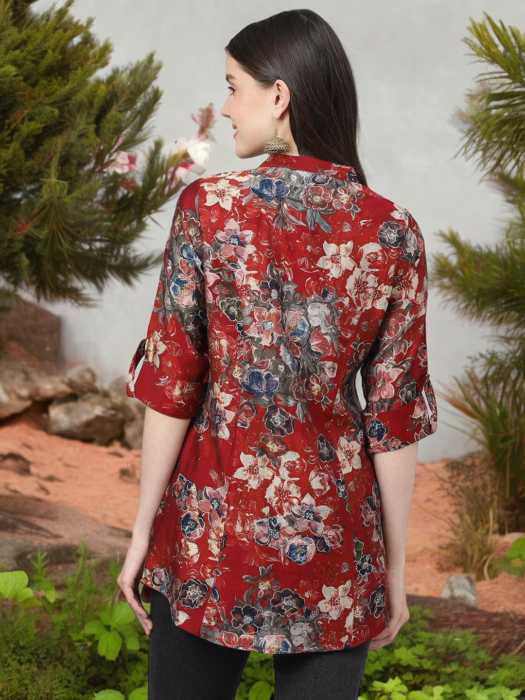 Maroon Floral Printed Modal A-Line Shirts Style Top