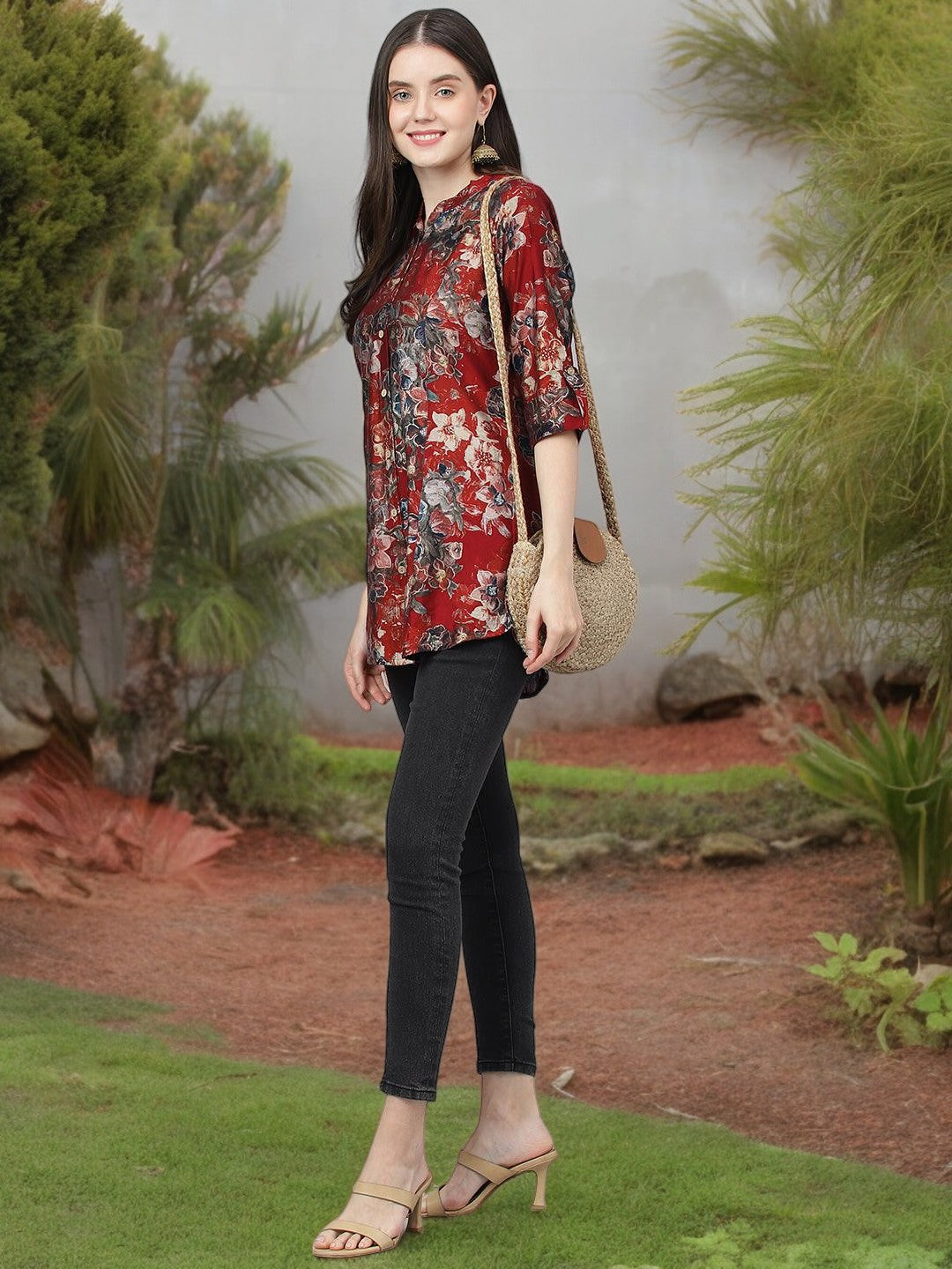 Maroon Floral Printed Modal A-Line Shirts Style Top