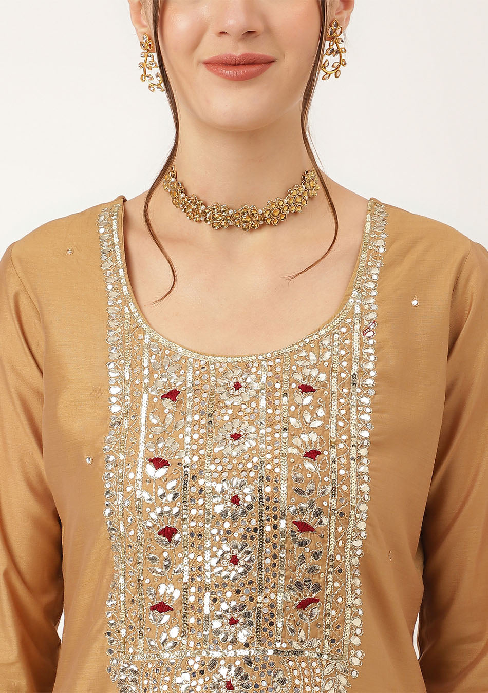 Golden Embroidered Chanderi Kurta, Trouser, and Dupatta Ensemble