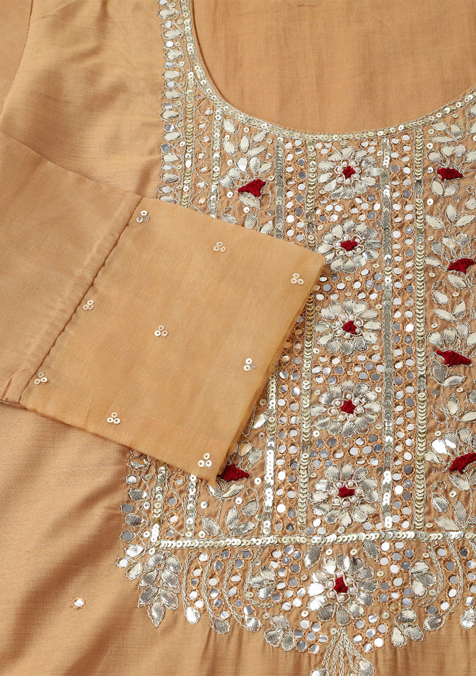 Golden Embroidered Chanderi Kurta, Trouser, and Dupatta Ensemble