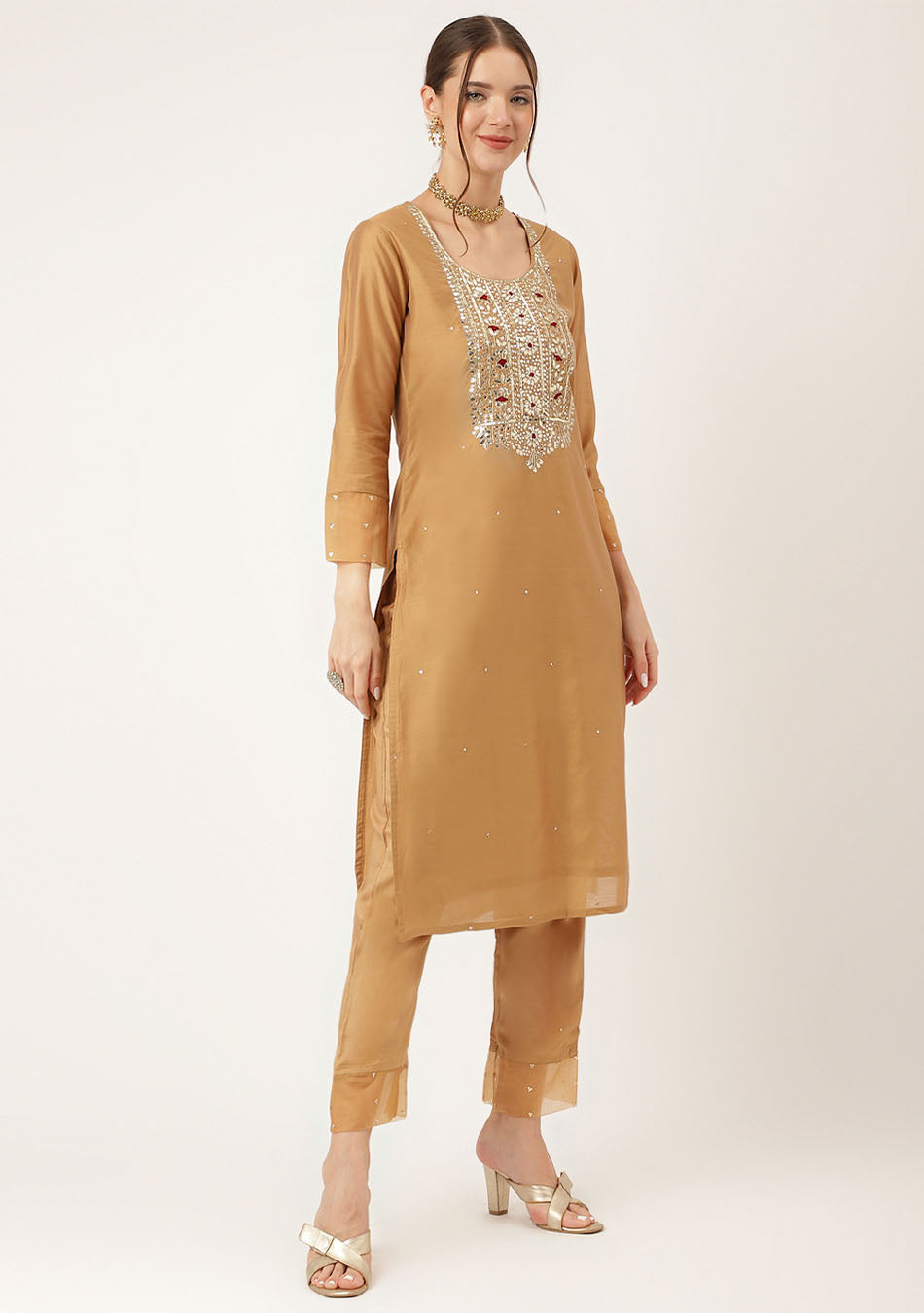 Golden Embroidered Chanderi Kurta, Trouser, and Dupatta Ensemble