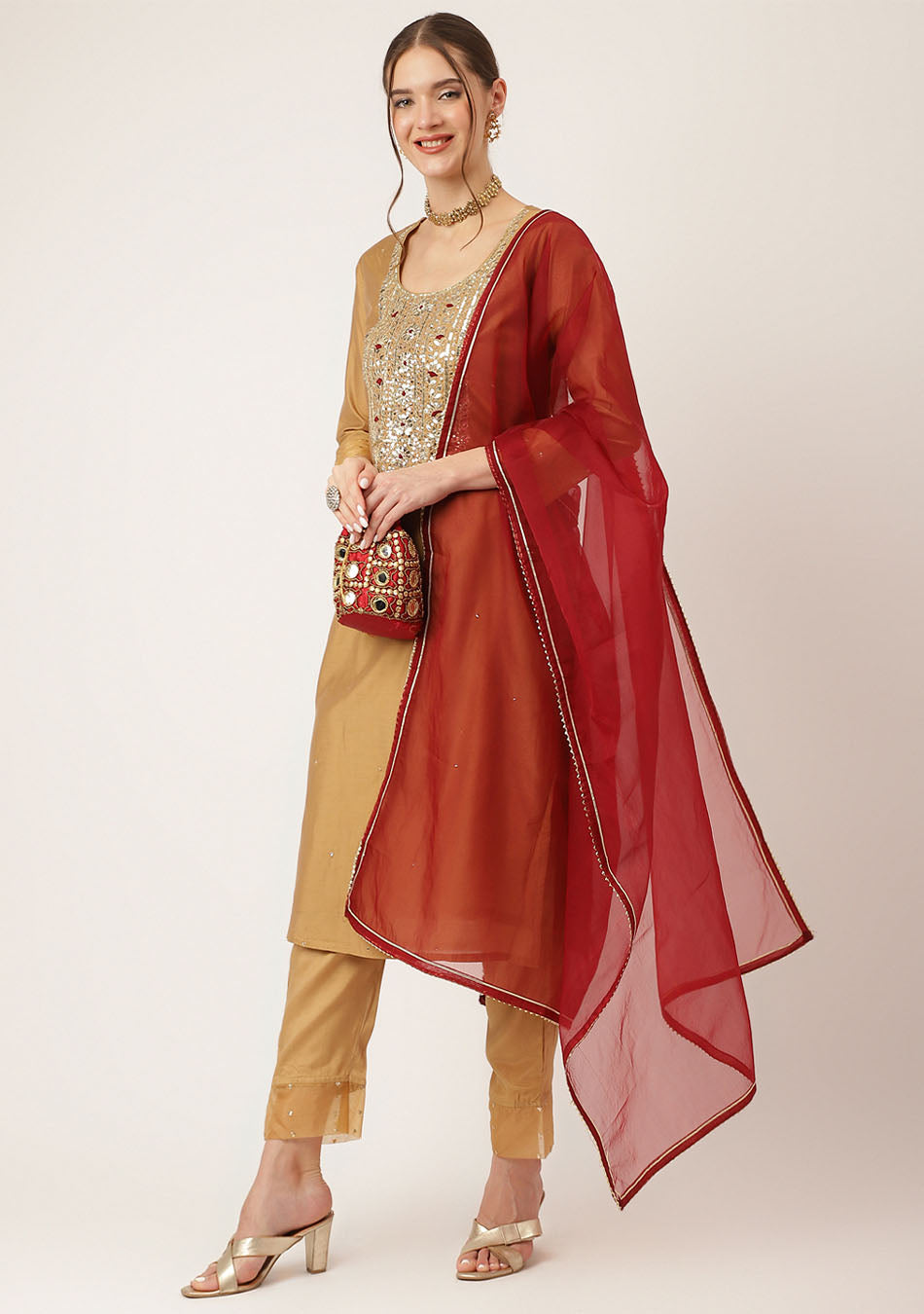 Golden Embroidered Chanderi Kurta, Trouser, and Dupatta Ensemble