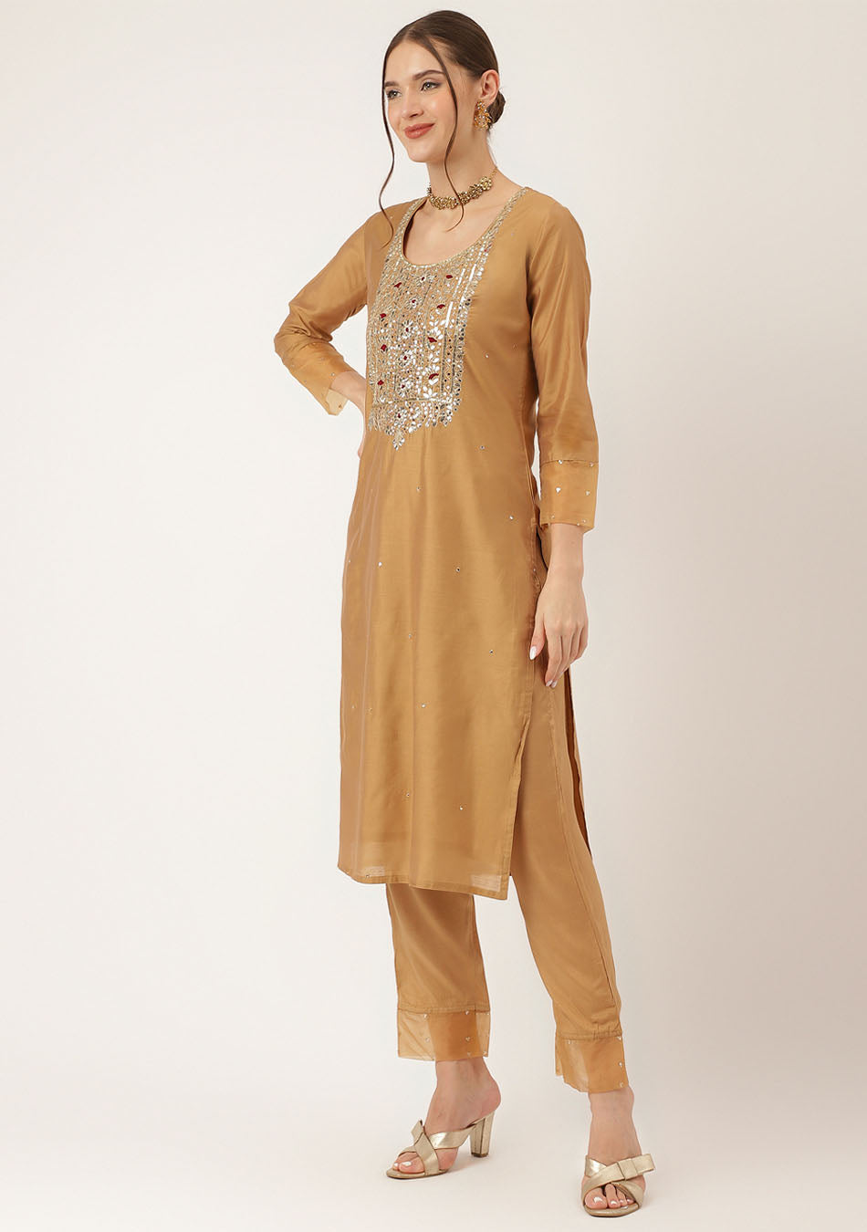 Golden Embroidered Chanderi Kurta, Trouser, and Dupatta Ensemble