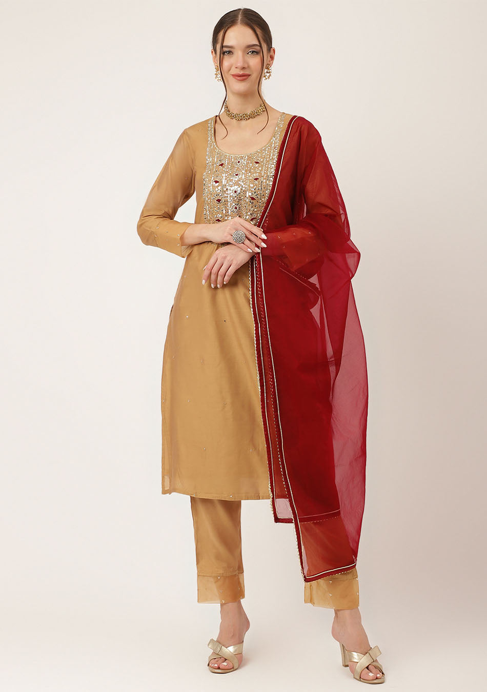 Golden Embroidered Chanderi Kurta, Trouser, and Dupatta Ensemble