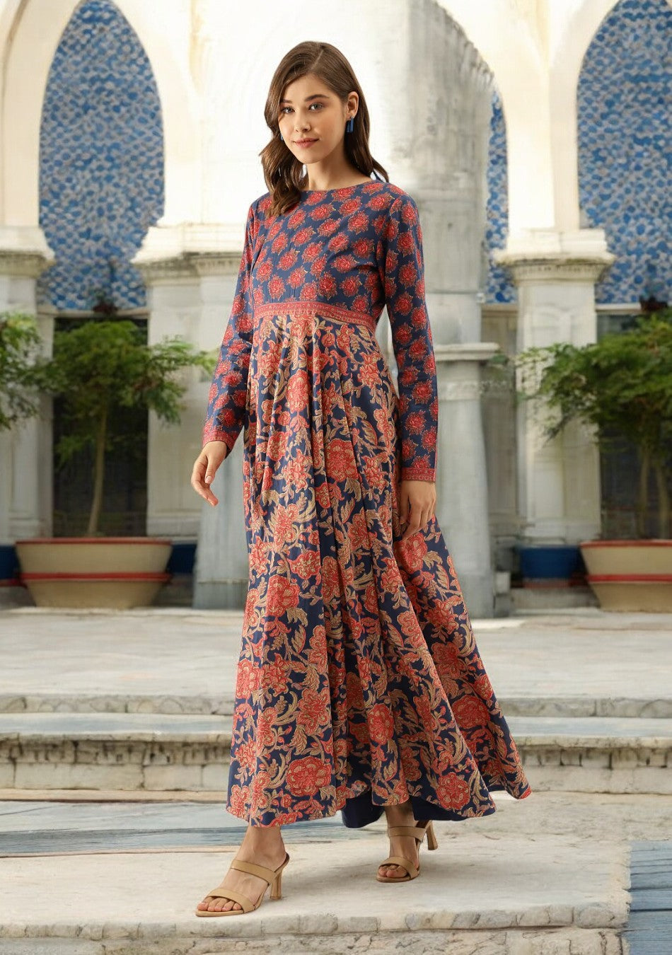 Blue Maroon Floral Printed Anarkali Kurta