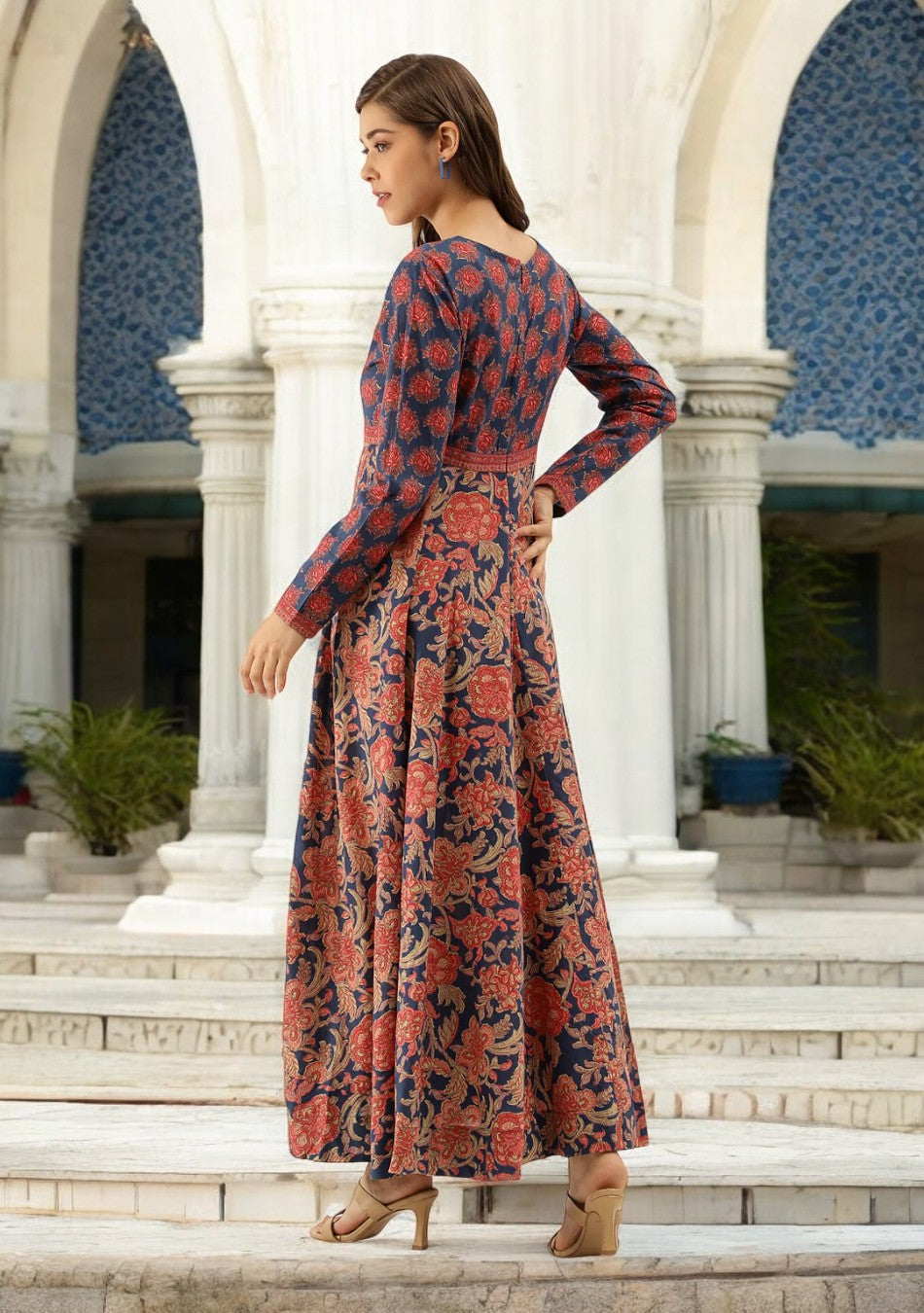 Blue Maroon Floral Printed Anarkali Kurta