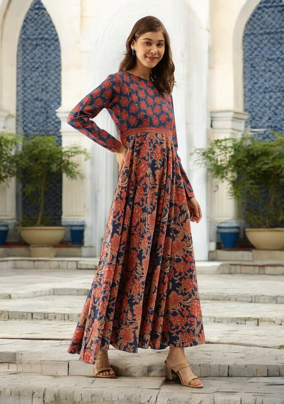 Blue Maroon Floral Printed Anarkali Kurta