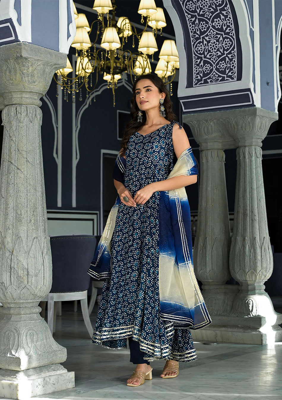 Blue Printed Anarkali Muslin Shoulder Stripe Kurta Trouser with Dupatta Set