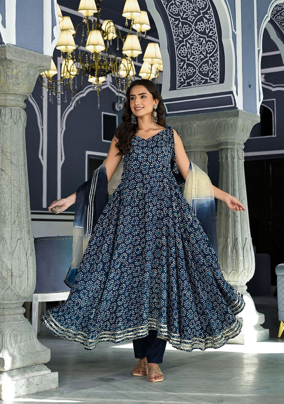 Blue Printed Anarkali Muslin Shoulder Stripe Kurta Trouser with Dupatta Set