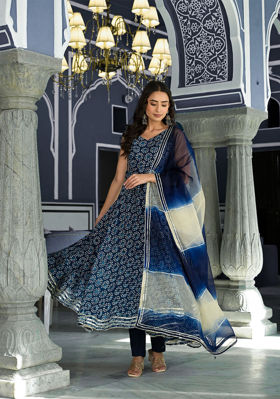 Blue Printed Anarkali Muslin Shoulder Stripe Kurta Trouser with Dupatta Set