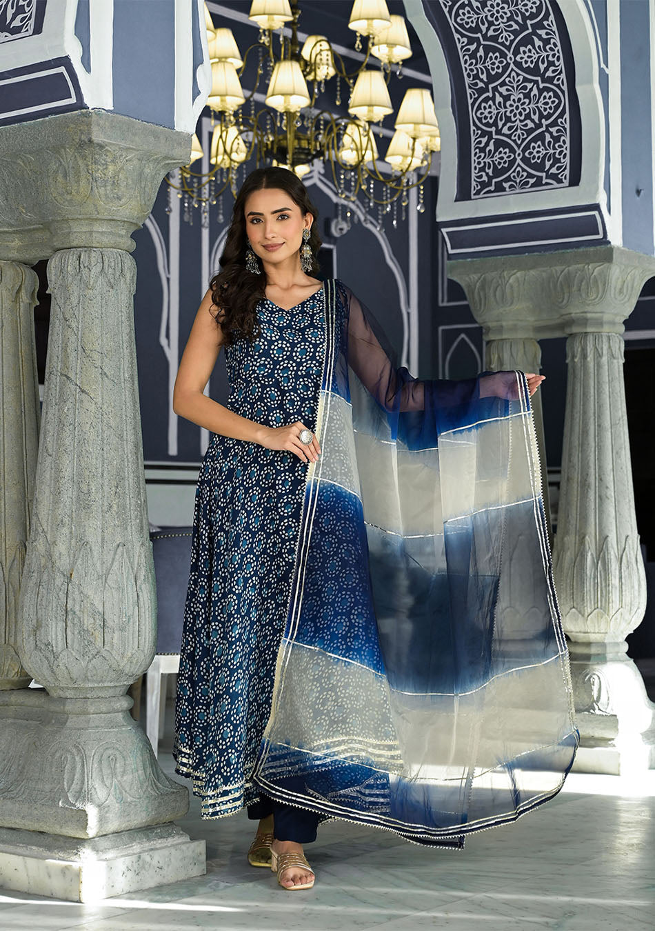 Blue Printed Anarkali Muslin Shoulder Stripe Kurta Trouser with Dupatta Set