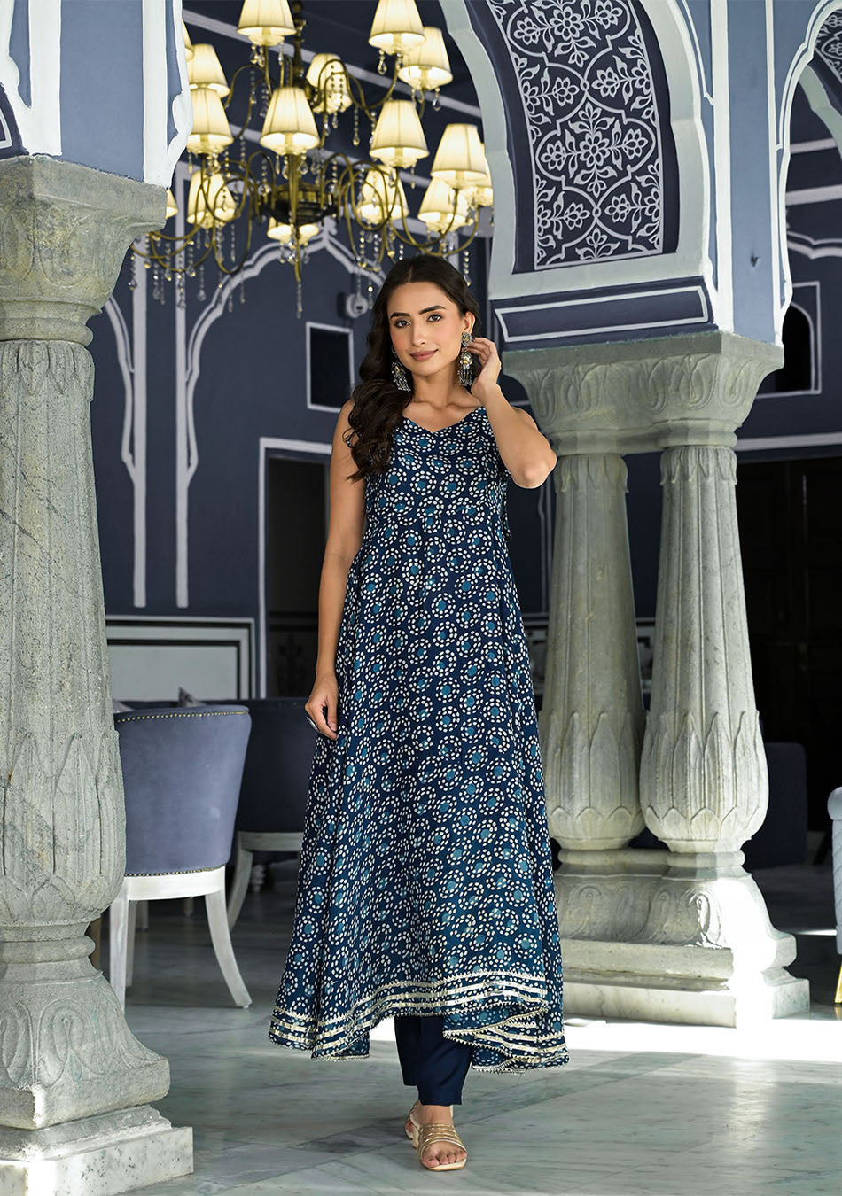 Blue Printed Anarkali Muslin Shoulder Stripe Kurta Trouser with Dupatta Set