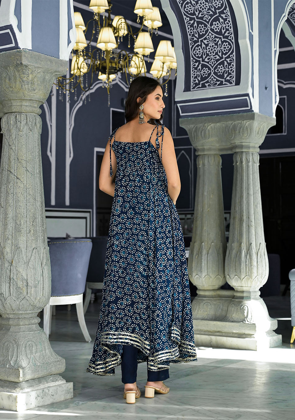 Blue Printed Anarkali Muslin Shoulder Stripe Kurta Trouser with Dupatta Set