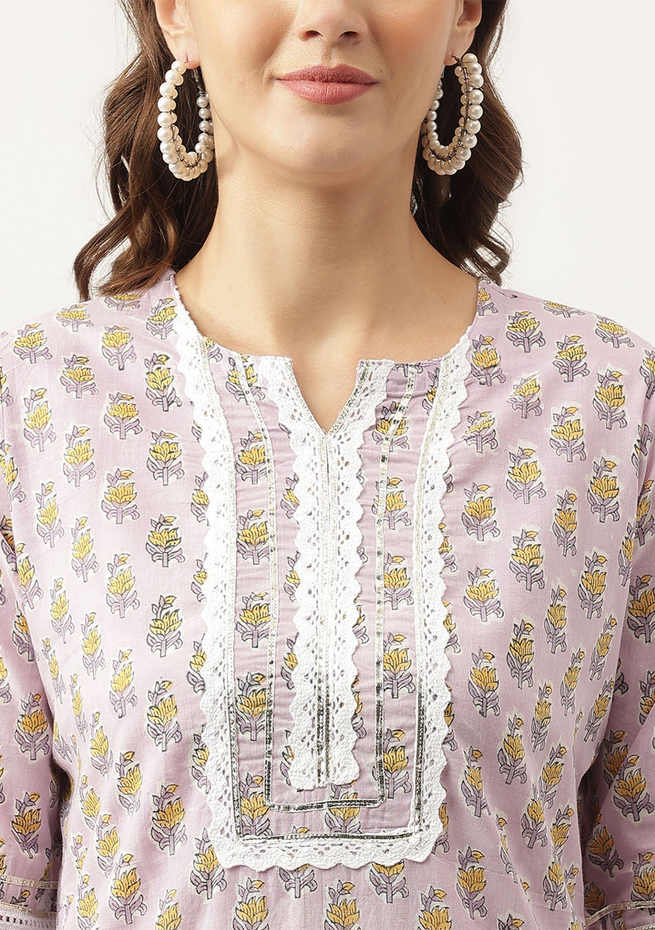 Lavender Hand Block Printed Cotton Kurta, Trouser with Kota Doria Dupatta Set