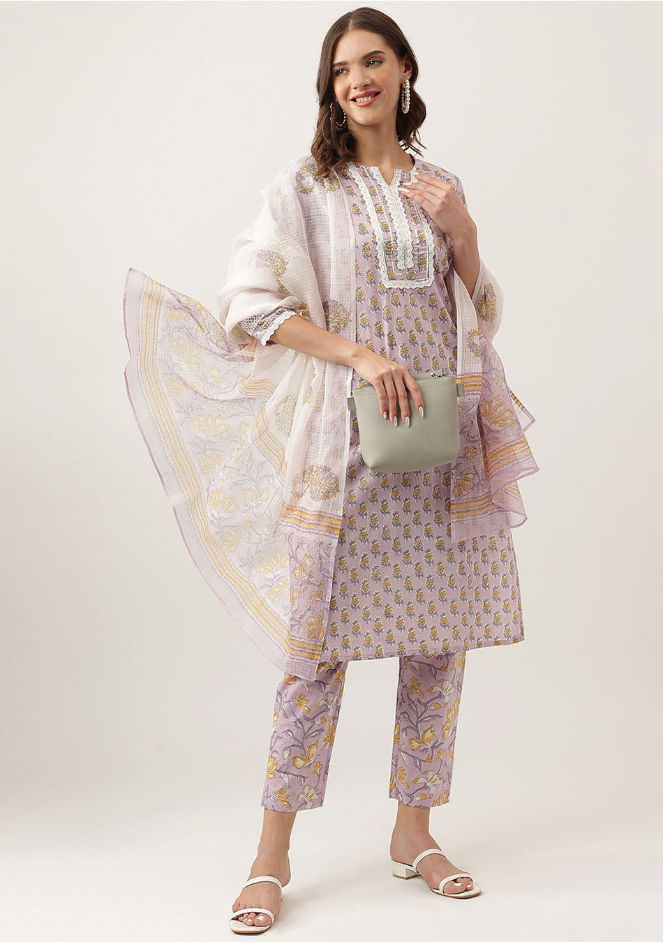 Lavender Hand Block Printed Cotton Kurta, Trouser with Kota Doria Dupatta Set