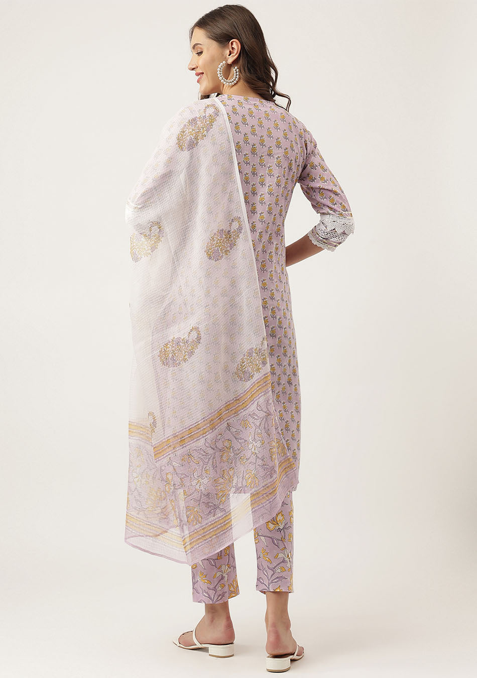 Lavender Hand Block Printed Cotton Kurta, Trouser with Kota Doria Dupatta Set