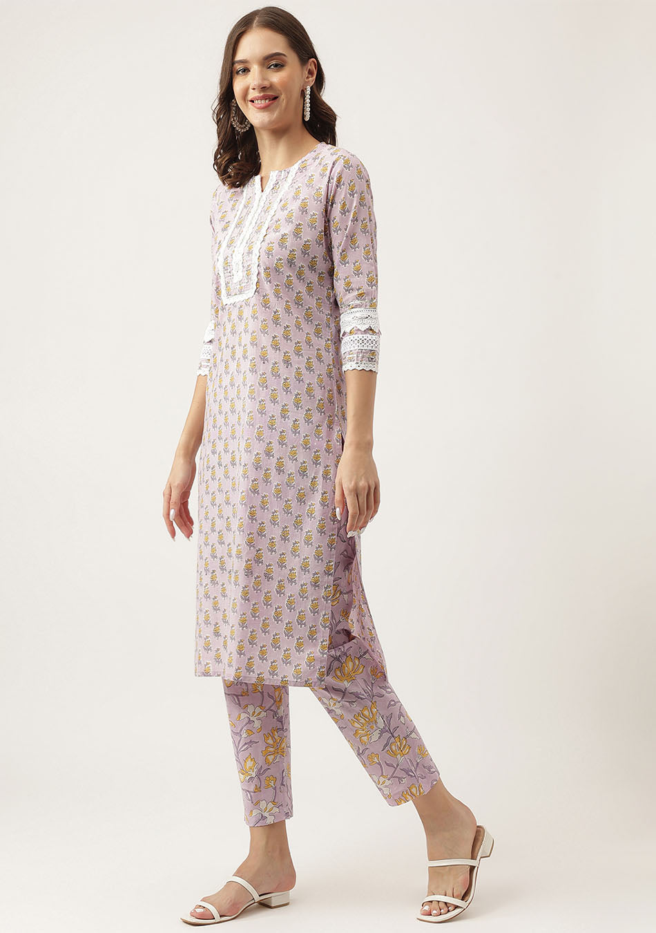 Lavender Hand Block Printed Cotton Kurta, Trouser with Kota Doria Dupatta Set