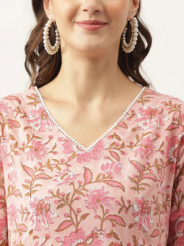 Pink Floral HandBlock Printed Cotton Anarkali Kurta, trouser with Dupatta Set