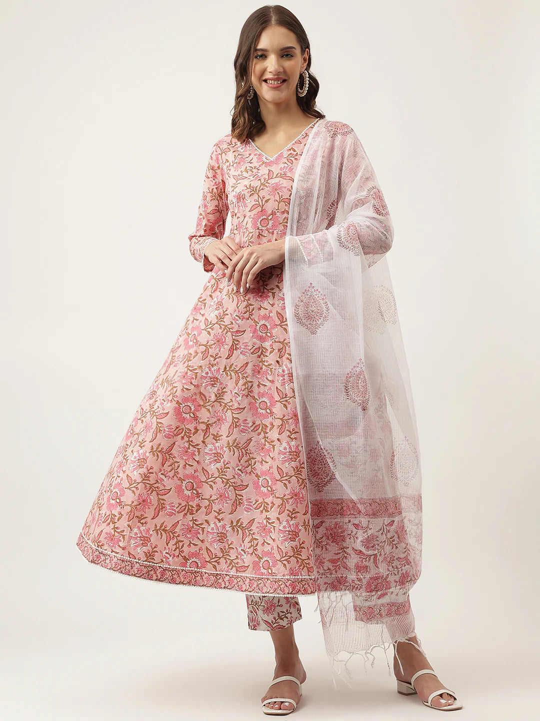 Pink Floral HandBlock Printed Cotton Anarkali Kurta, trouser with Dupatta Set