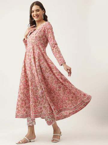 Pink Floral HandBlock Printed Cotton Anarkali Kurta, trouser with Dupatta Set