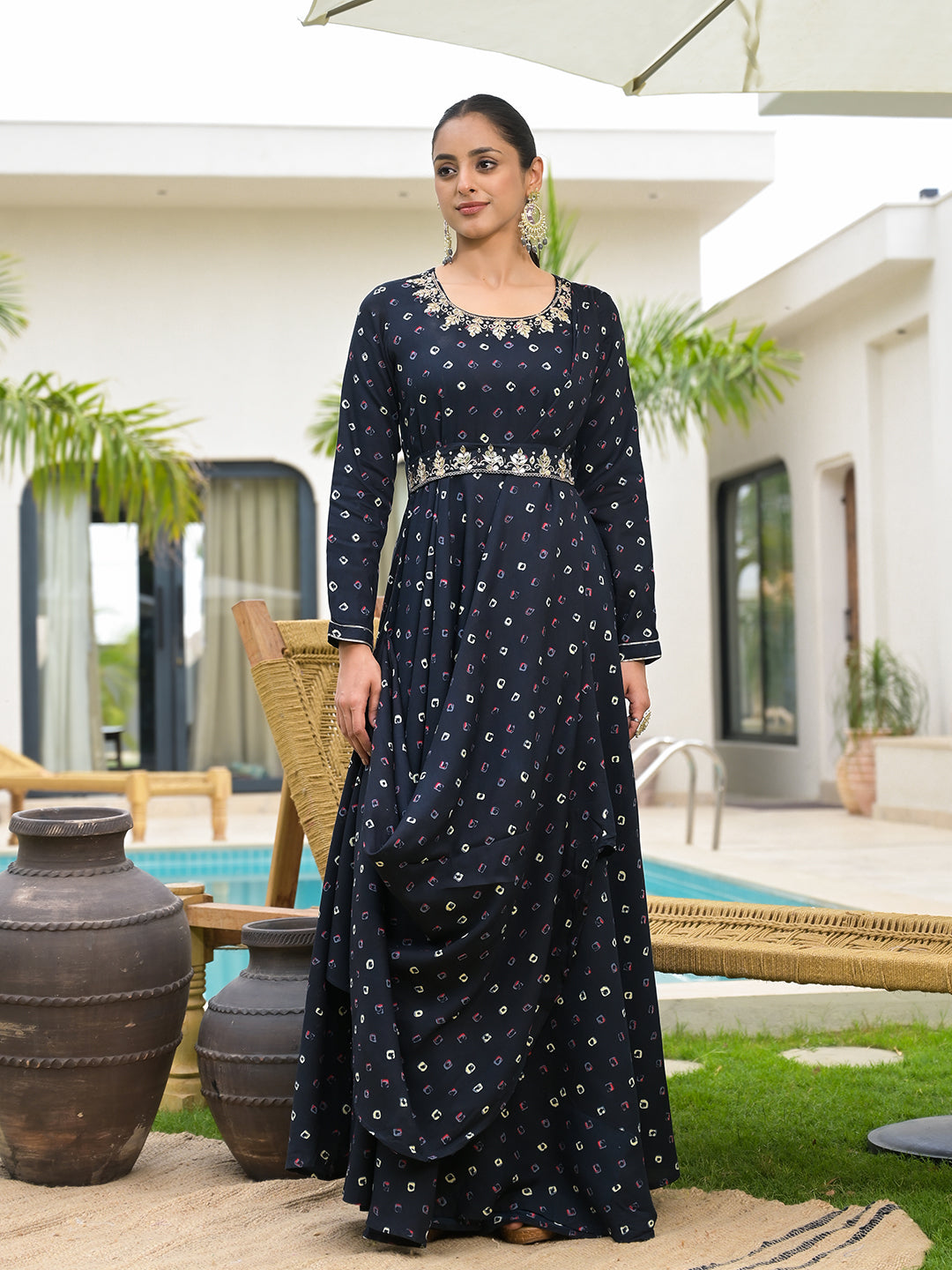 Navy Blue Bandhani Print Flared Long Dress with Belt