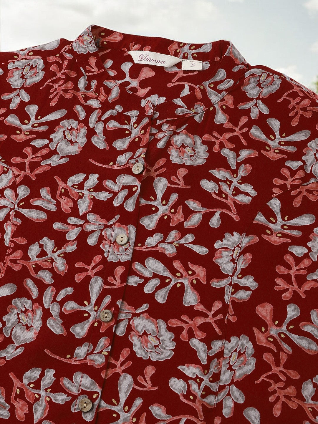 Maroon Floral Print Rayon Regular Top