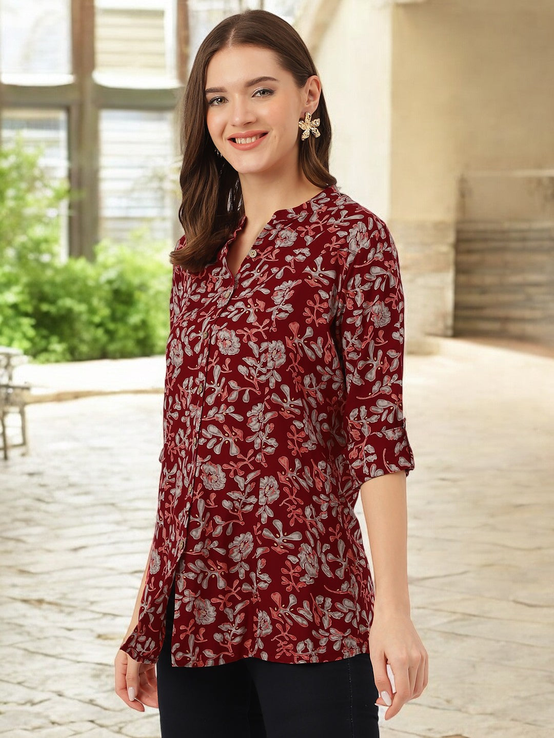 Maroon Floral Print Rayon Regular Top