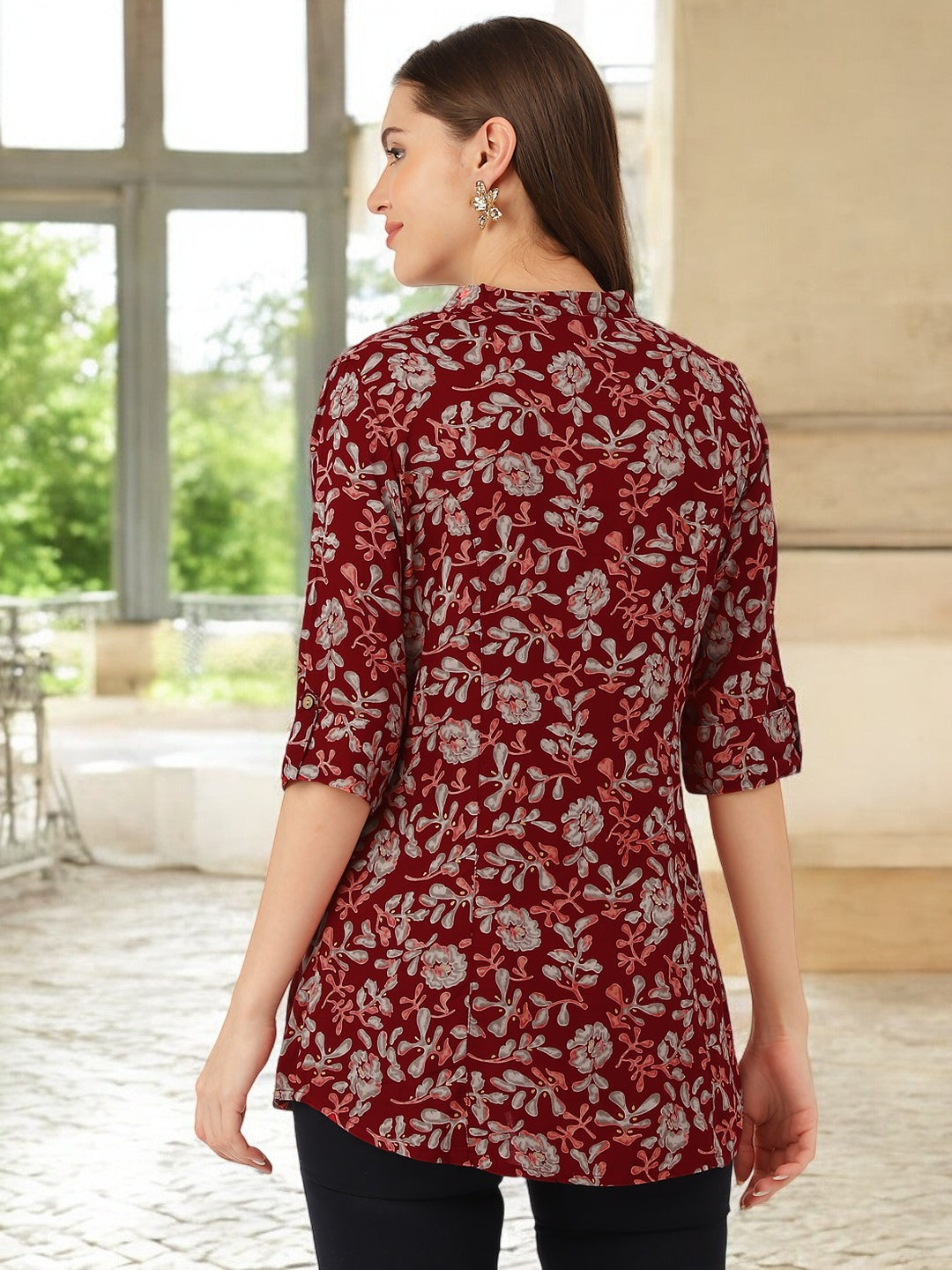 Maroon Floral Print Rayon Regular Top