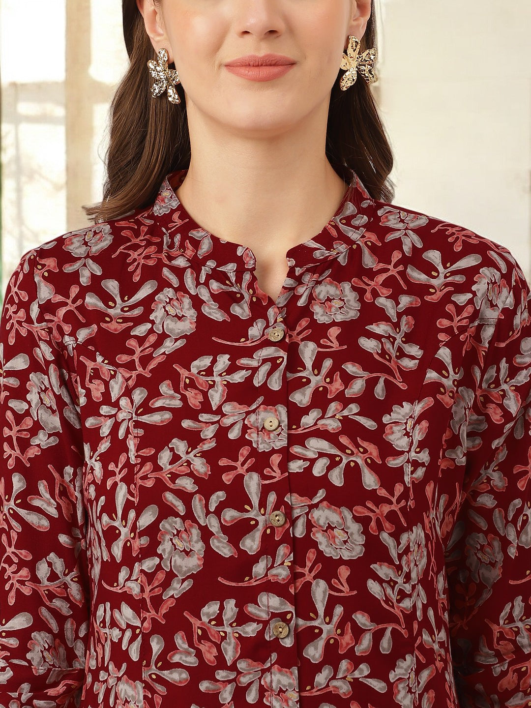 Maroon Floral Print Rayon Regular Top