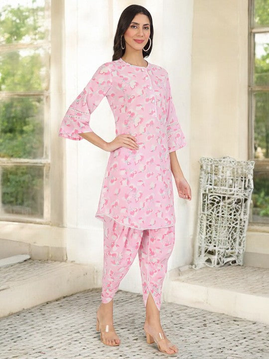 Pink Floral Printed Cotton Kurta with Dhoti Co-Ord Set