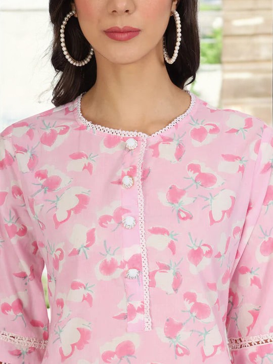 Pink Floral Printed Cotton Kurta with Dhoti Co-Ord Set