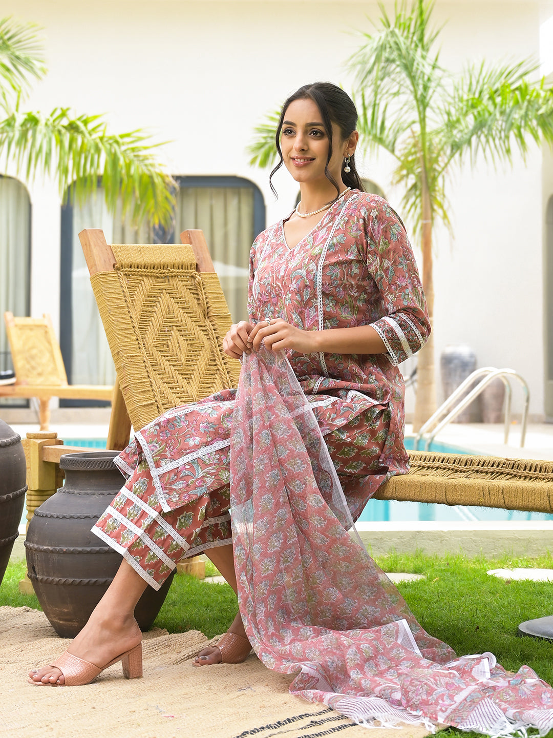 Maroon Floral Print Cotton Handblock Kurta Set for Women