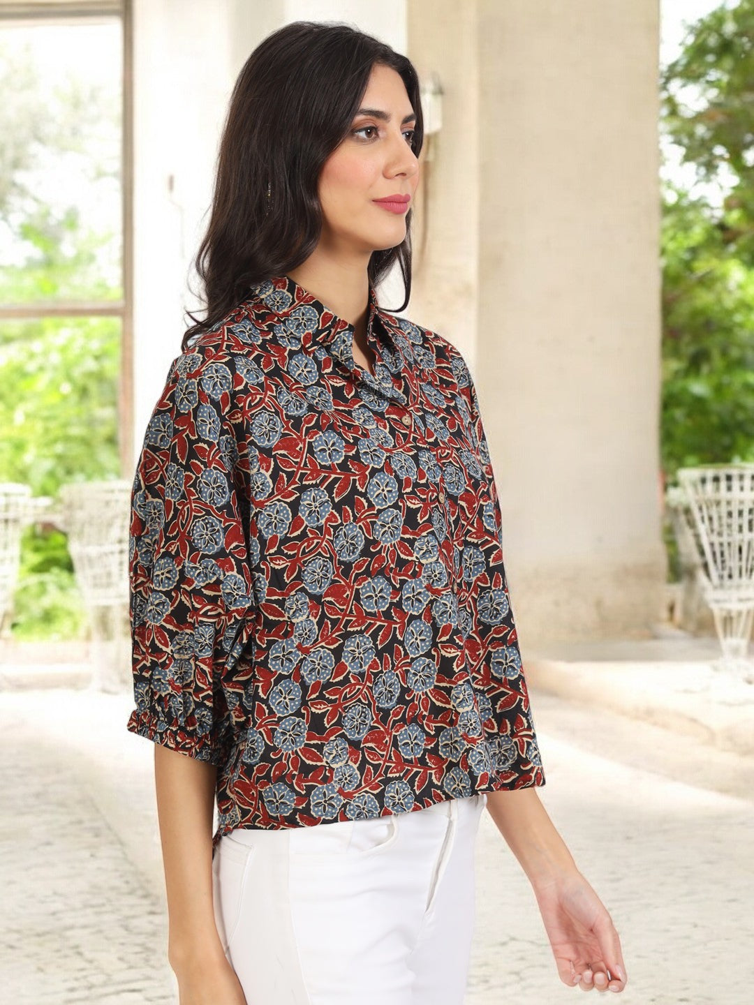 Black Floral Printed Cotton Tops