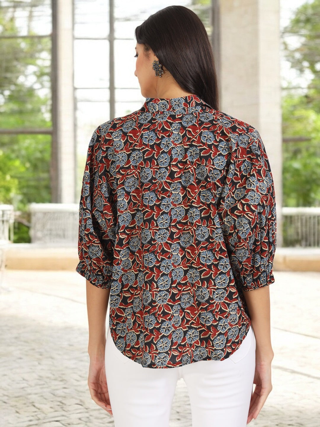 Black Floral Printed Cotton Tops