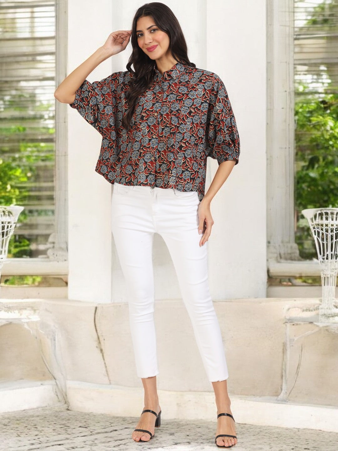 Black Floral Printed Cotton Tops