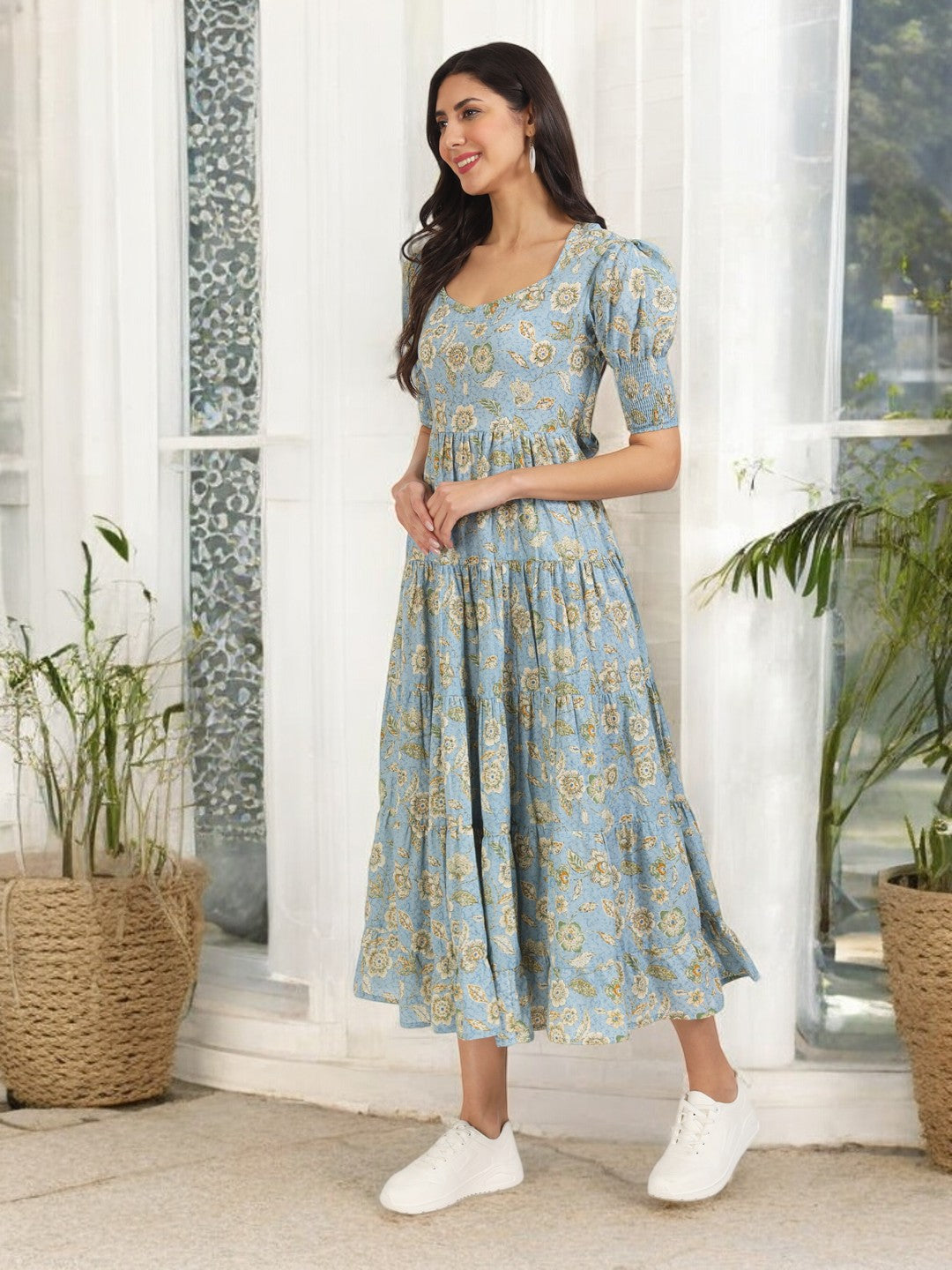 Sky Blue Floral Printed Calf length Dress