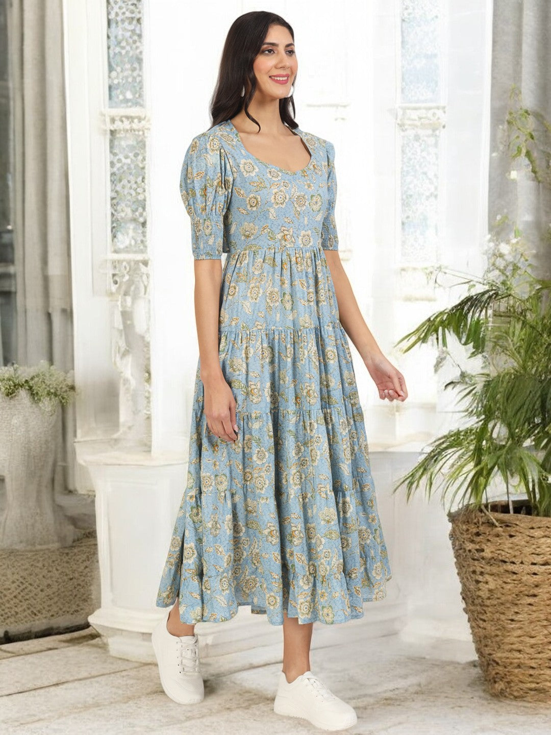 Sky Blue Floral Printed Calf length Dress