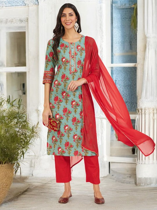 Green Floral Print Cotton Kurta pant with Dupatta set