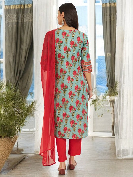 Green Floral Print Cotton Kurta pant with Dupatta set