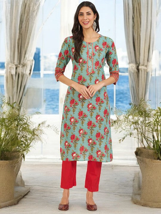 Green Floral Print Cotton Kurta pant with Dupatta set