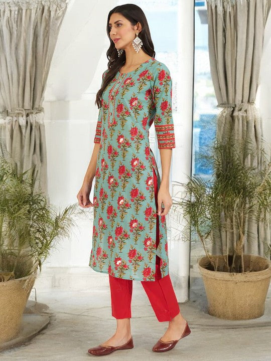 Green Floral Print Cotton Kurta pant with Dupatta set