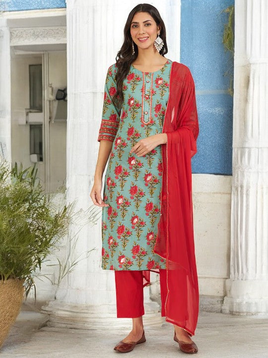 Green Floral Print Cotton Kurta pant with Dupatta set