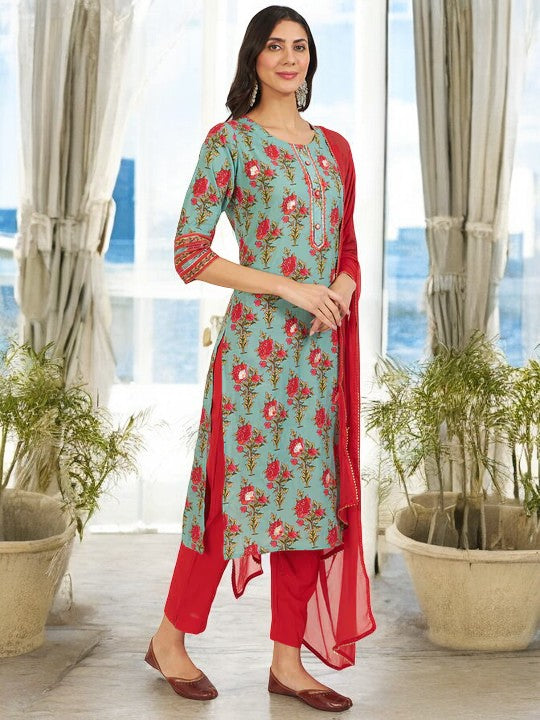 Green Floral Print Cotton Kurta pant with Dupatta set