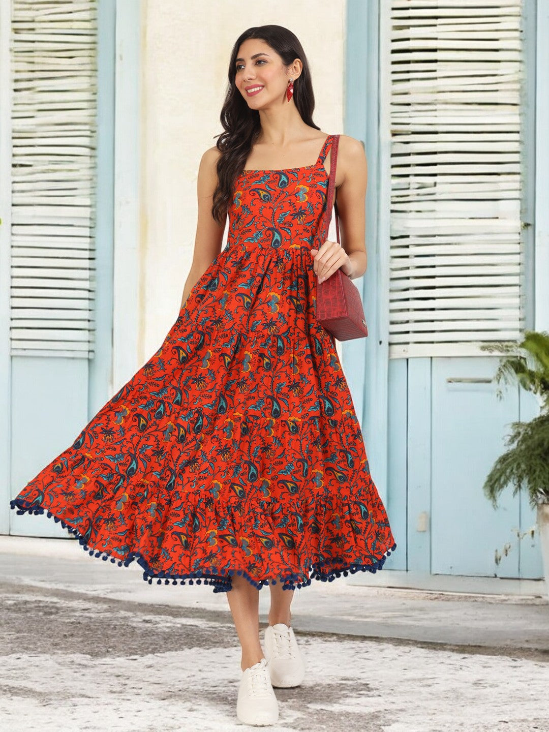 Red Floral Printed Cotton Dress