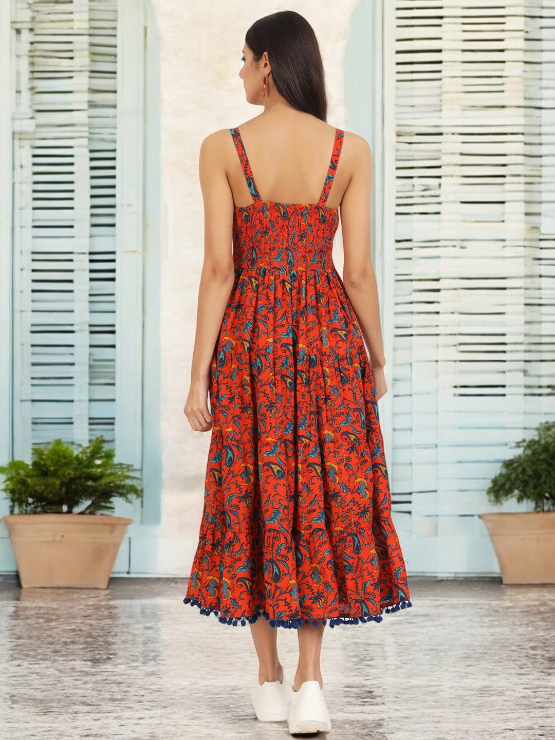 Red Floral Printed Cotton Dress